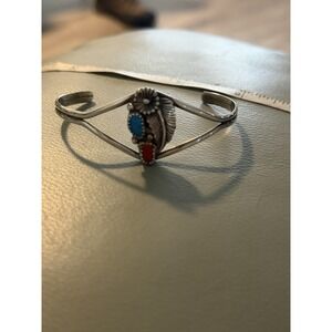 Vintage Native American Handmade Signed LM Turquoise Coral Silver Bracelet